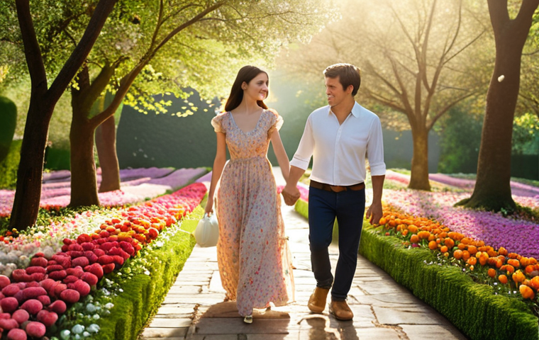 **
A couple holding hands, walking through a blooming garden filled with colorful flowers. Sunlight filters through the trees. The woman is wearing a flowing dress, and the man is in smart casual attire. Focus on the soft, romantic lighting and the sense of joy and connection. Subtle visual cues of perfume bottles are incorporated into the floral elements – maybe dew drops that resemble fragrance bottles on the petals. Keywords: love, romance, perfume advertisement, springtime, Dior J'adore inspiration.
**