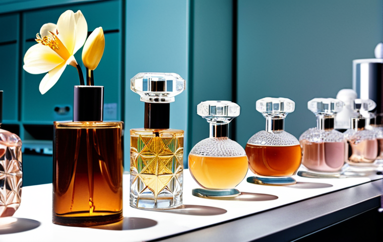 **Prompt 1: The Artistry of Branded Perfume**
    Prompt: A sophisticated image showcasing the intricate process and luxurious essence of branded perfumes. In the foreground, elegant, uniquely designed perfume bottles catch the light, reflecting their high craftsmanship. Behind them, subtle hints of rare, exotic flowers and natural extracts are visible, alongside a blurred background of a perfumer meticulously working in a high-tech laboratory, surrounded by scientific equipment. The scene should convey a sense of deep research, refined artistry, and the use of precious, natural ingredients, embodying the premium quality and the "story" behind high-end fragrances. The overall atmosphere should be one of elegance, precision, and timeless luxury.