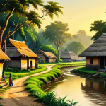 **

A serene landscape painting depicting a rural Bengali village scene from the past.  Golden sunlight bathes the thatched-roof houses nestled amongst lush greenery.  A winding river flows through the scene, with children playing on its banks.  Women in traditional sarees are drawing water from a well.  The overall atmosphere evokes a sense of peace and simpler times.  Style: Impressionistic painting, soft focus, warm colors, nostalgic mood, safe for work, appropriate content, fully clothed, modest, family-friendly, perfect anatomy, correct proportions, natural pose.

**