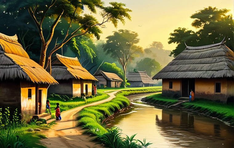 **
A serene landscape painting depicting a rural Bengali village scene from the past. Golden sunlight bathes the thatched-roof houses nestled amongst lush greenery. A winding river flows through the scene, with children playing on its banks. Women in traditional sarees are drawing water from a well. The overall atmosphere evokes a sense of peace and simpler times. Style: Impressionistic painting, soft focus, warm colors, nostalgic mood, safe for work, appropriate content, fully clothed, modest, family-friendly, perfect anatomy, correct proportions, natural pose.
**