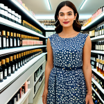 **

A professional woman in a modest, floral print dress, standing in a well-lit perfume store, surrounded by various sized perfume bottles.  The store has a clean, modern aesthetic. Fully clothed, appropriate attire, safe for work, perfect anatomy, correct proportions, natural pose, professional, high quality.

**
